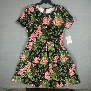 LuLaRoe Amelia Dress 2XL Black Green Coral Tropical Floral Pleated Zipper NWT